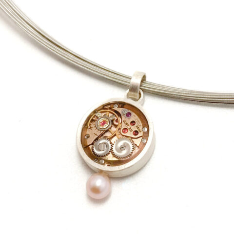 Pendant silver (925) with mechanical movement and pink Pearl