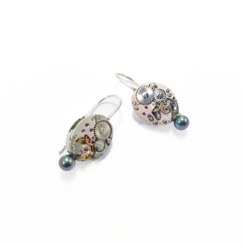 Earrings silver (925) with mechanical movement and black Pearls