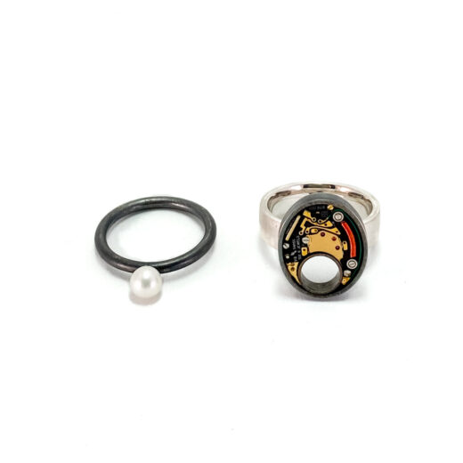 Double Ring silver (925) with quartz movement and Pearl - Image 2