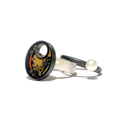 Double Ring silver (925) with quartz movement and Pearl - Image 3