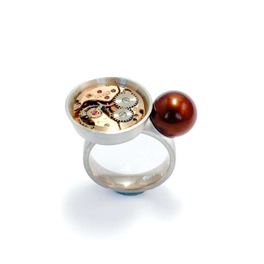 Ring silver (925) with mechanical movement "Pontiac"and Pearl - Image 2
