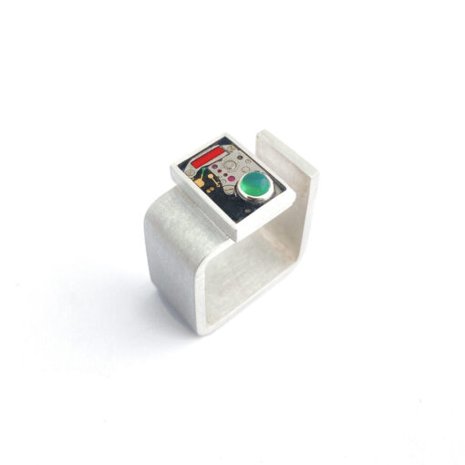 Ring zilver (925) met quartz uurwerk en groene Onyx "Vierkant" - Image 2