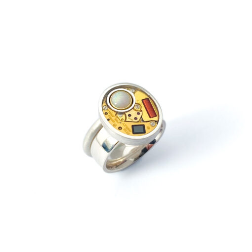 Double Ring silver/gold (925/18K) with quartz movement and Opal