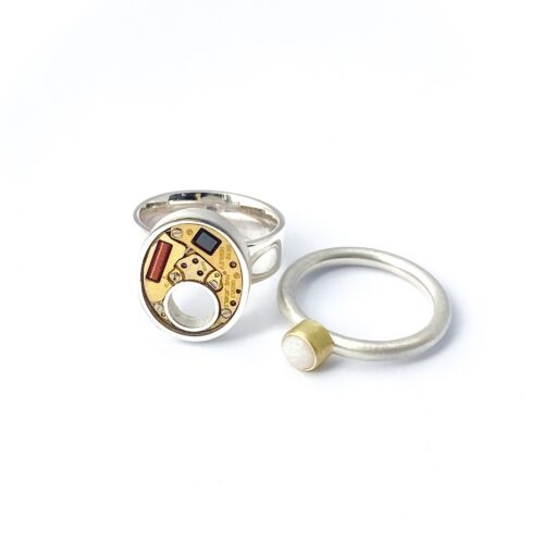 Double Ring silver/gold (925/18K) with quartz movement and Opal - Image 2