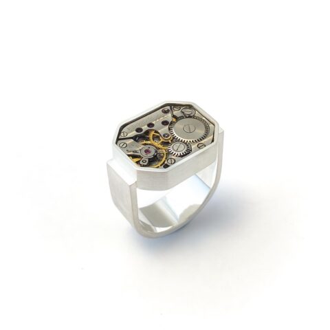 Ring silver (925) with mechanical movement "Octagon"