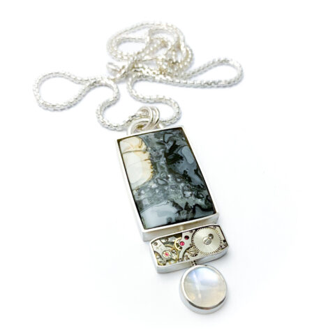 Pendant silver (925) with mechanical movement, Maligano Jasper and Moonstone