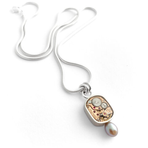 Pendant silver (925) with mechanical movement and grey pearl "O-483"