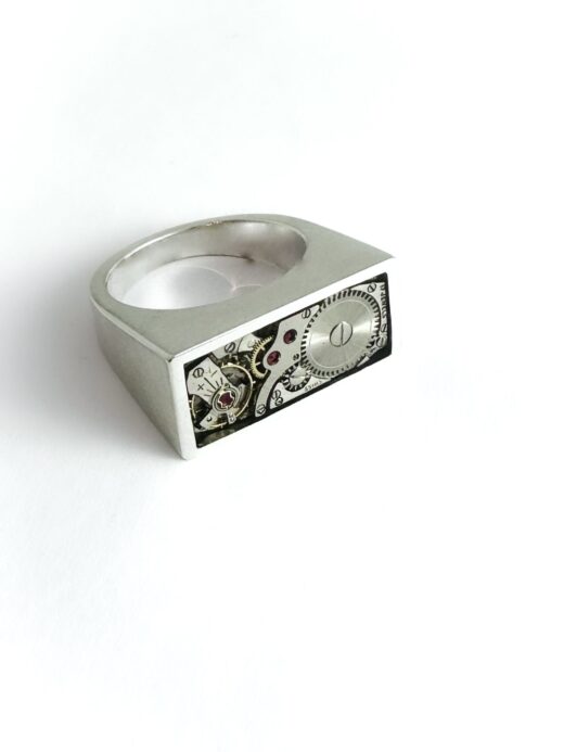 Ring zilver (925) met mechanisch uurwerk "Chunky-Rectangle" - Afbeelding 3