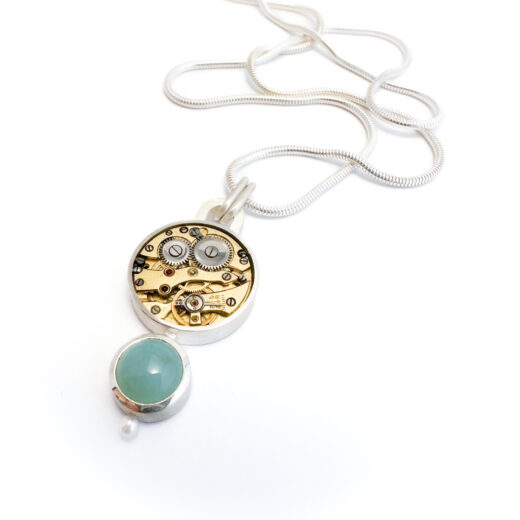 Pendant silver (925) with mechanical movement and Blue Calcedony & Pearl - Image 3