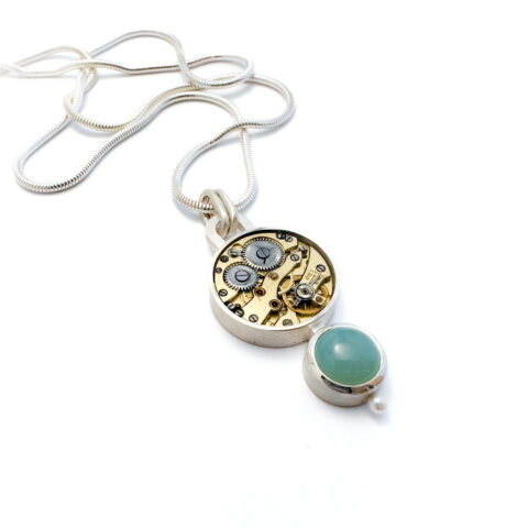 Pendant silver (925) with mechanical movement and Blue Calcedony & Pearl