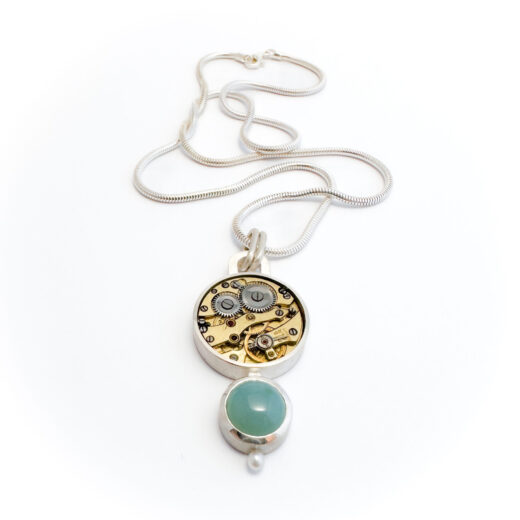 Pendant silver (925) with mechanical movement and Blue Calcedony & Pearl - Image 2