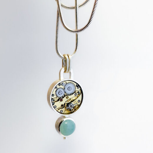 Pendant silver (925) with mechanical movement and Blue Calcedony & Pearl - Image 4