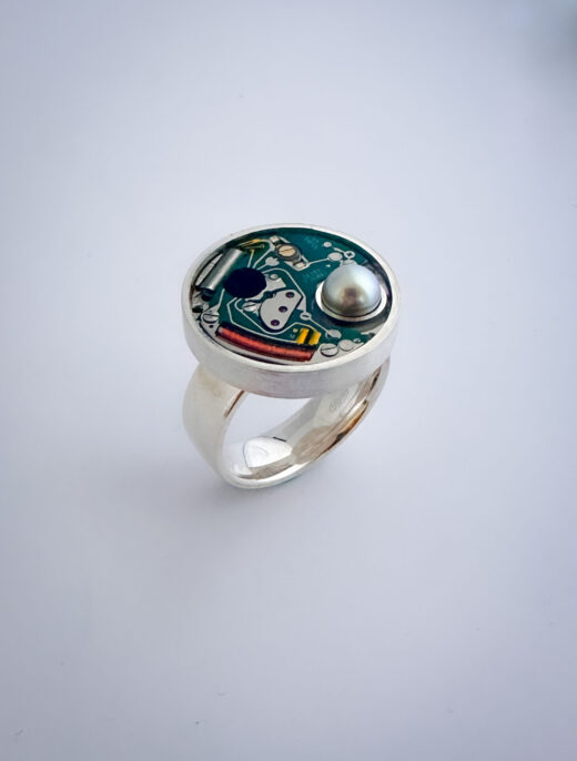 Ring silver (925) with quartz movement and grey Pearl - Image 2